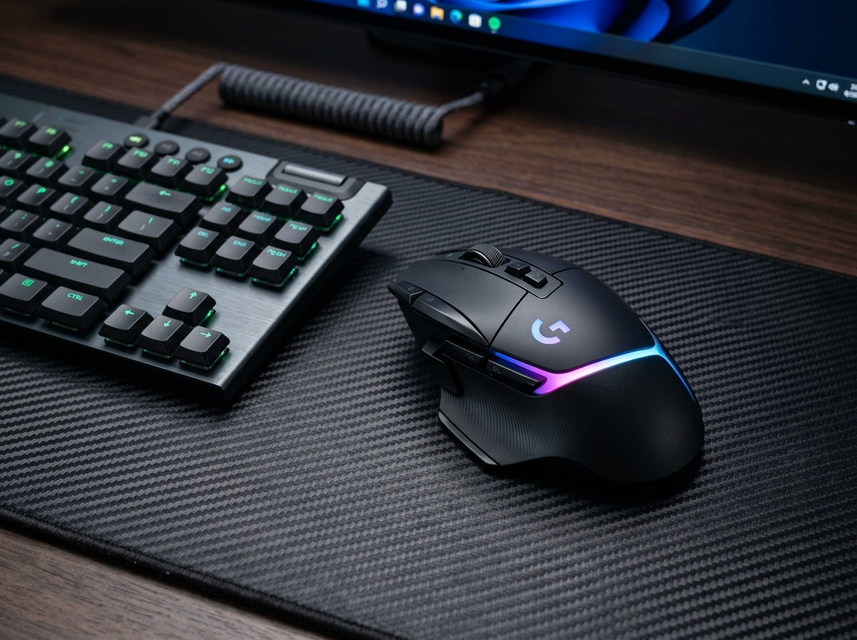Logitech G502 X PLUS Wireless Gaming Mouse with RGB lighting on gaming desk