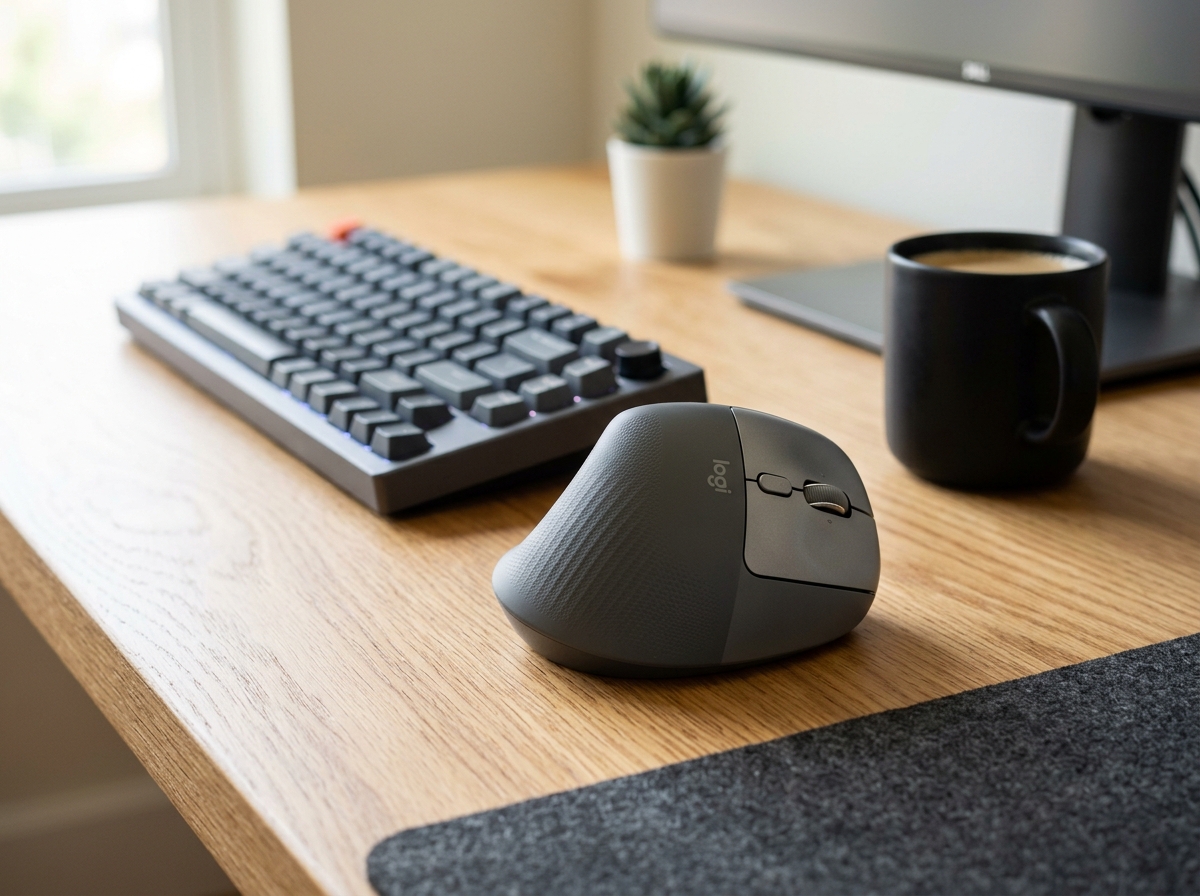 Logitech Lift Vertical Ergonomic Mouse in Graphite on oak desk