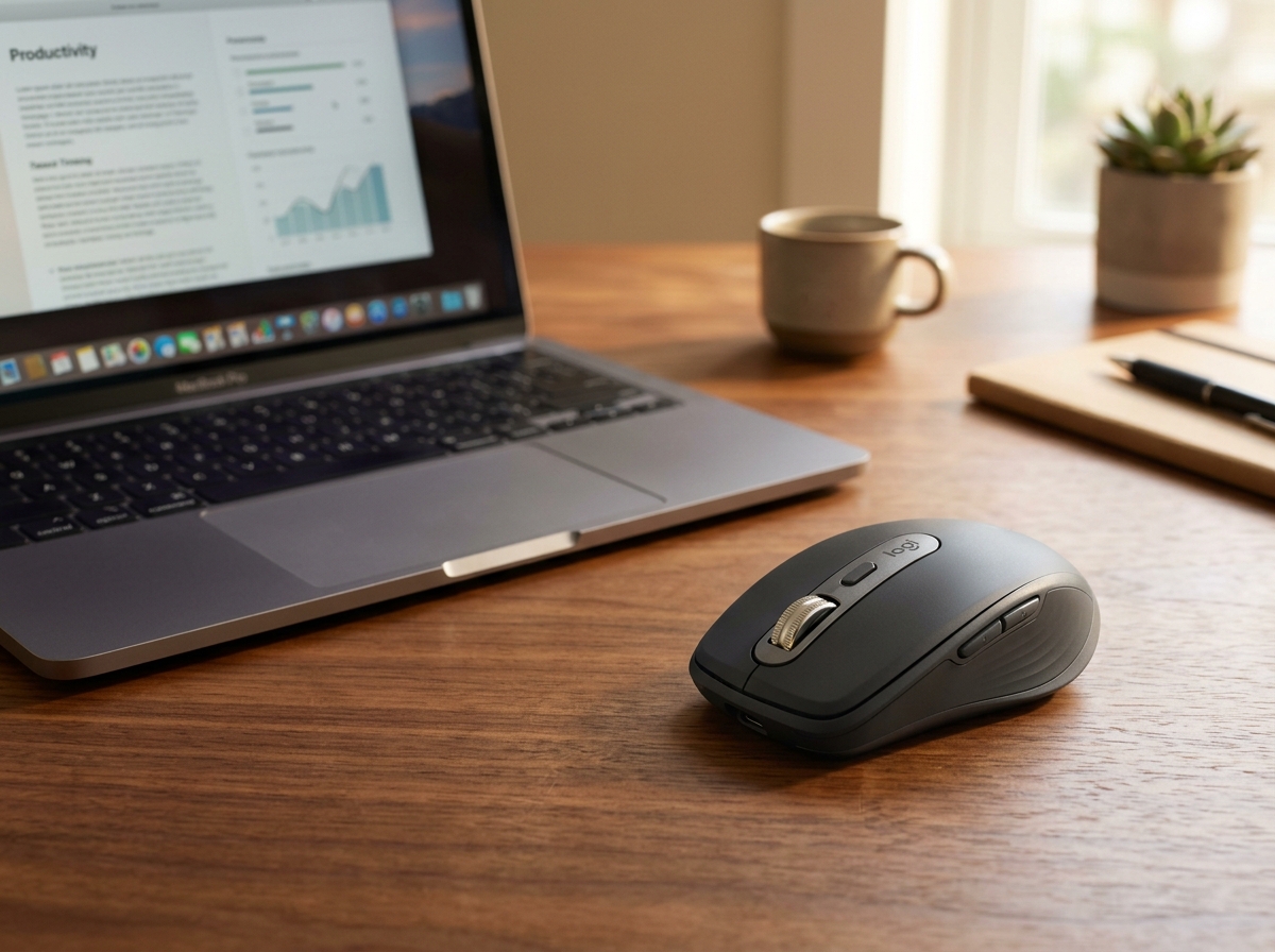 Logitech MX Anywhere 3S wireless mouse resting on a clean wooden desk beside a sleek laptop