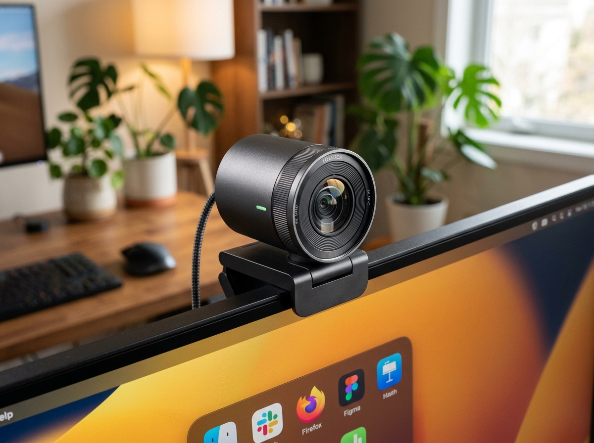 Logitech MX Brio 4K Webcam mounted cleanly on top of a desktop computer monitor