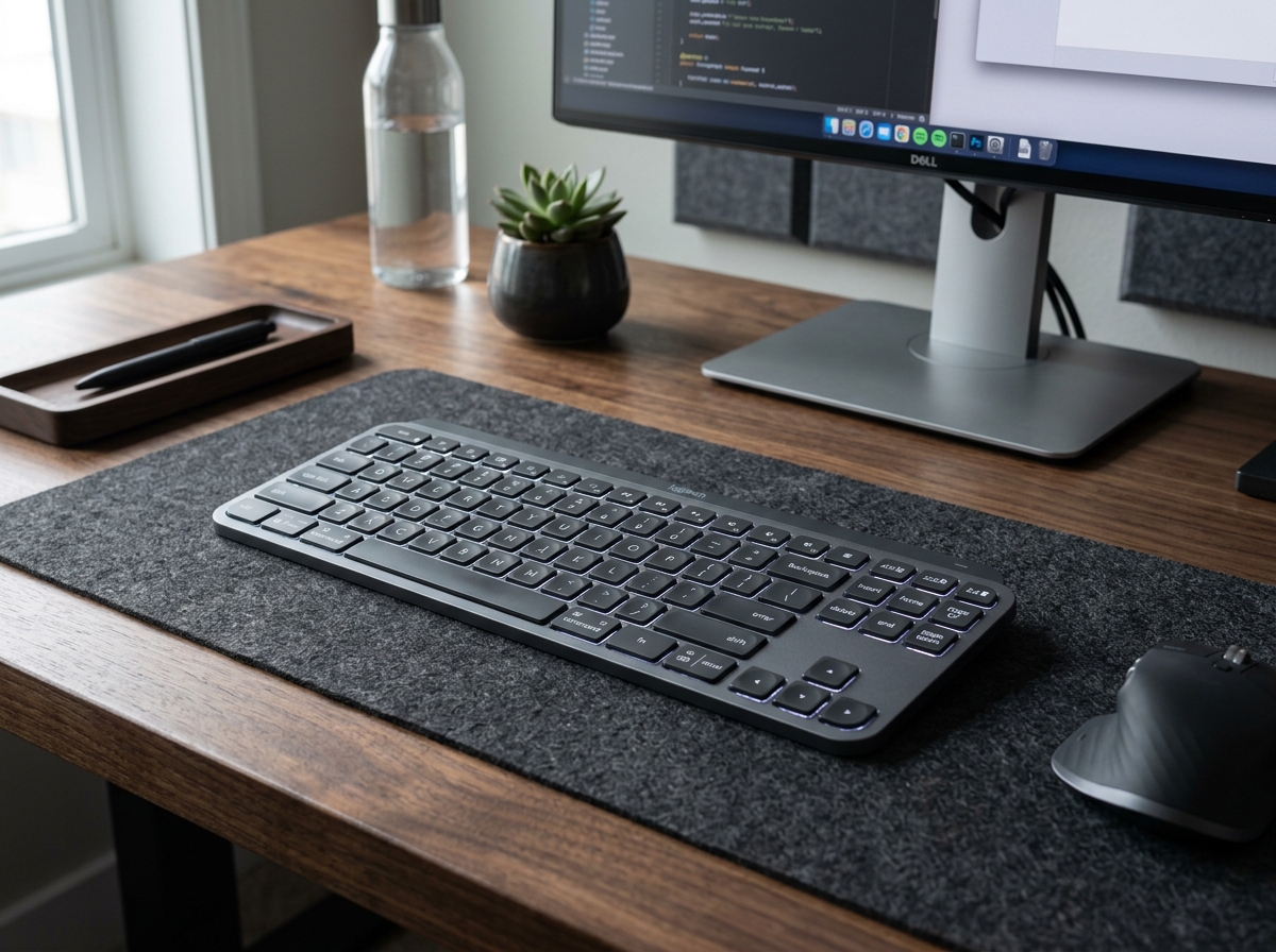 Logitech MX Keys S wireless keyboard in graphite with illuminated keycaps on a modern workspace desk