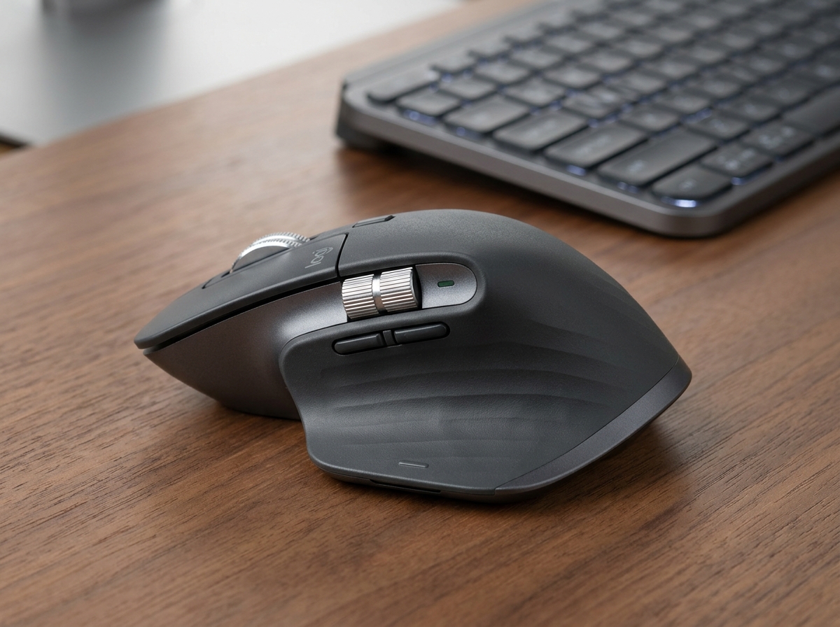 Logitech MX Master 3S wireless mouse in graphite color on wooden desk