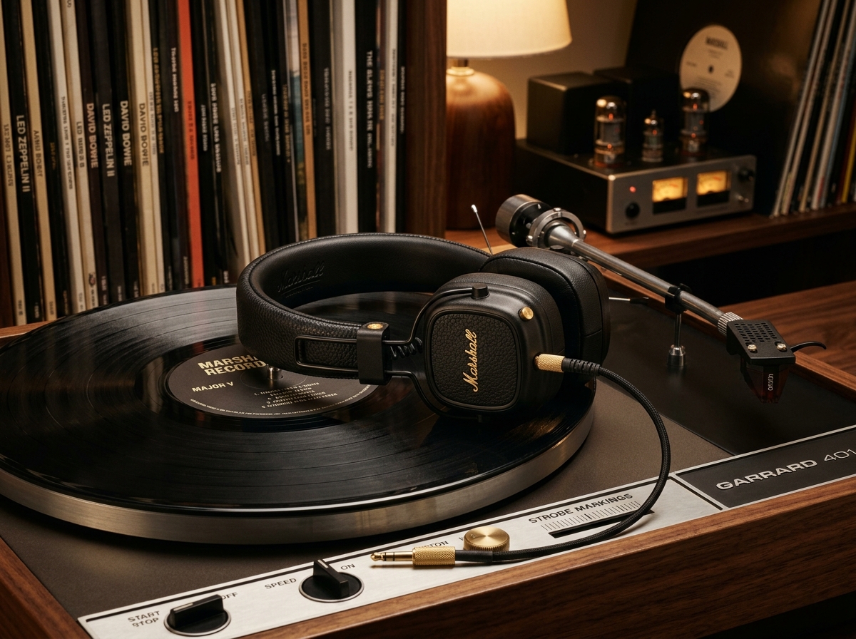 Marshall Major V retro black wireless headphones resting on a vinyl record player