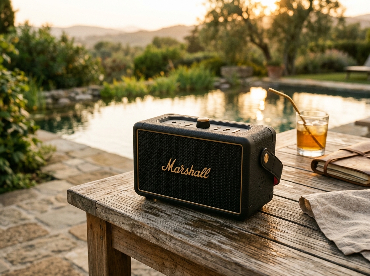 Marshall Middleton portable Bluetooth speaker in black and brass on rustic outdoor picnic table near campfire