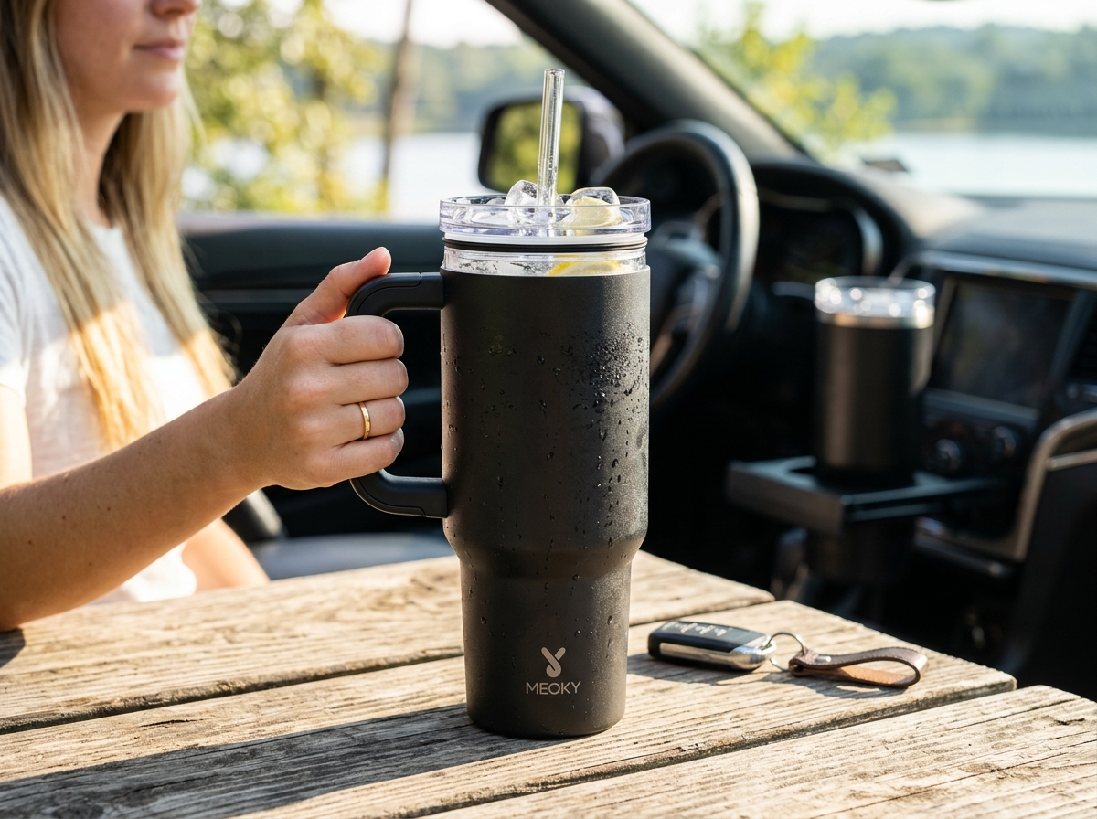 Meoky 40oz matte black insulated tumbler with handle and straw resting on wooden picnic table in car cup holder