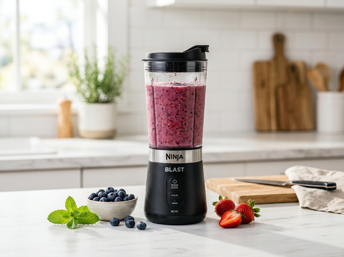 Black Ninja Blast portable cordless blender with fresh mixed berry smoothie on a kitchen counter