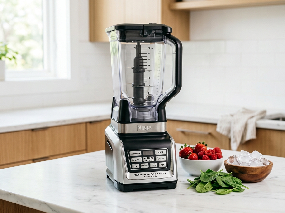 Ninja Professional Plus Blender BN701 on marble kitchen counter with berries and ice