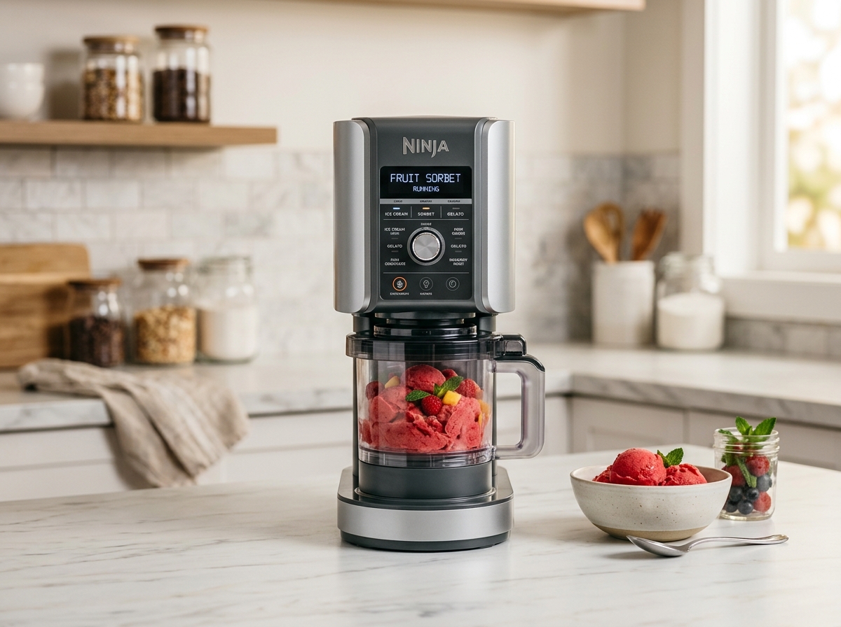 Ninja CREAMi Deluxe NC501 ice cream maker on marble kitchen counter
