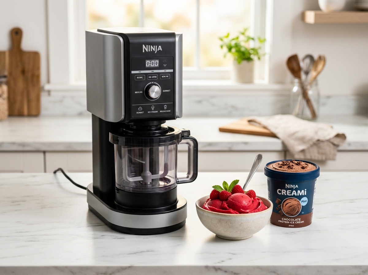 Ninja CREAMi NC301 ice cream maker on clean marble kitchen counter with fresh raspberry sorbet and chocolate protein ice cream