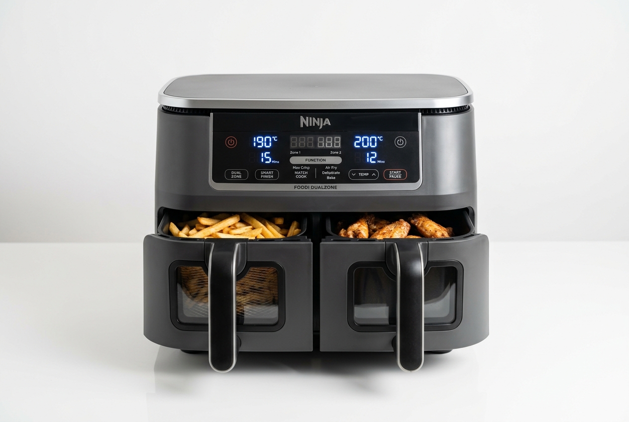 Ninja DualZone air fryer with two independent cooking baskets on kitchen counter