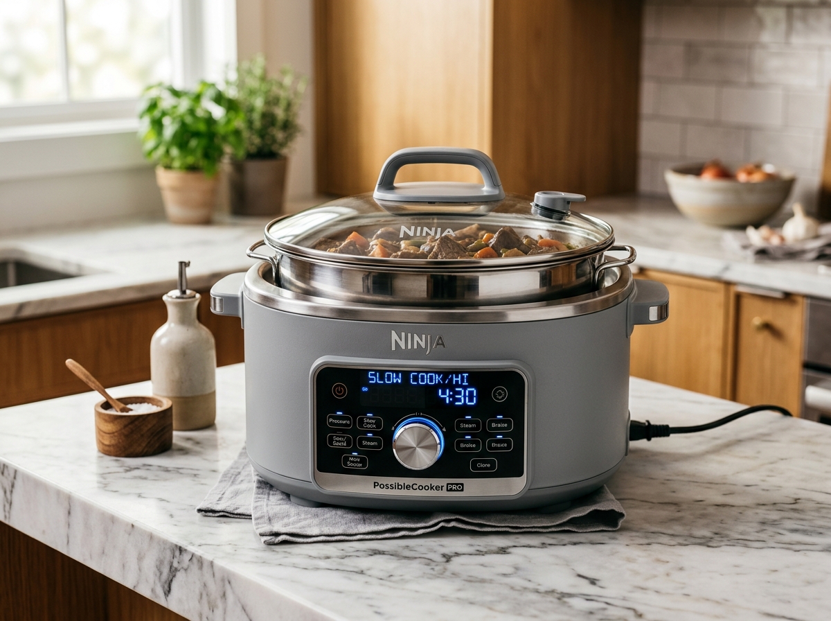 Ninja PossibleCooker PRO 8.5-quart multi-cooker in sea salt gray on kitchen marble countertop