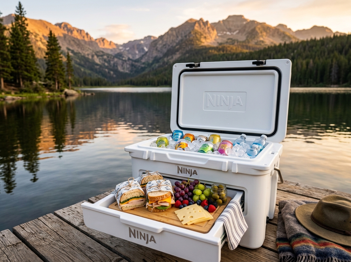 Ninja FrostVault 30qt hard cooler showing bottom dry zone drawer open