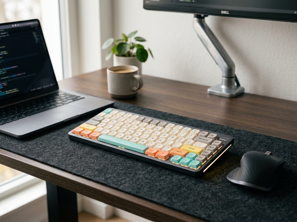 NuPhy Air75 V2 low profile wireless mechanical keyboard with glowing RGB underglow on modern minimalist desktop