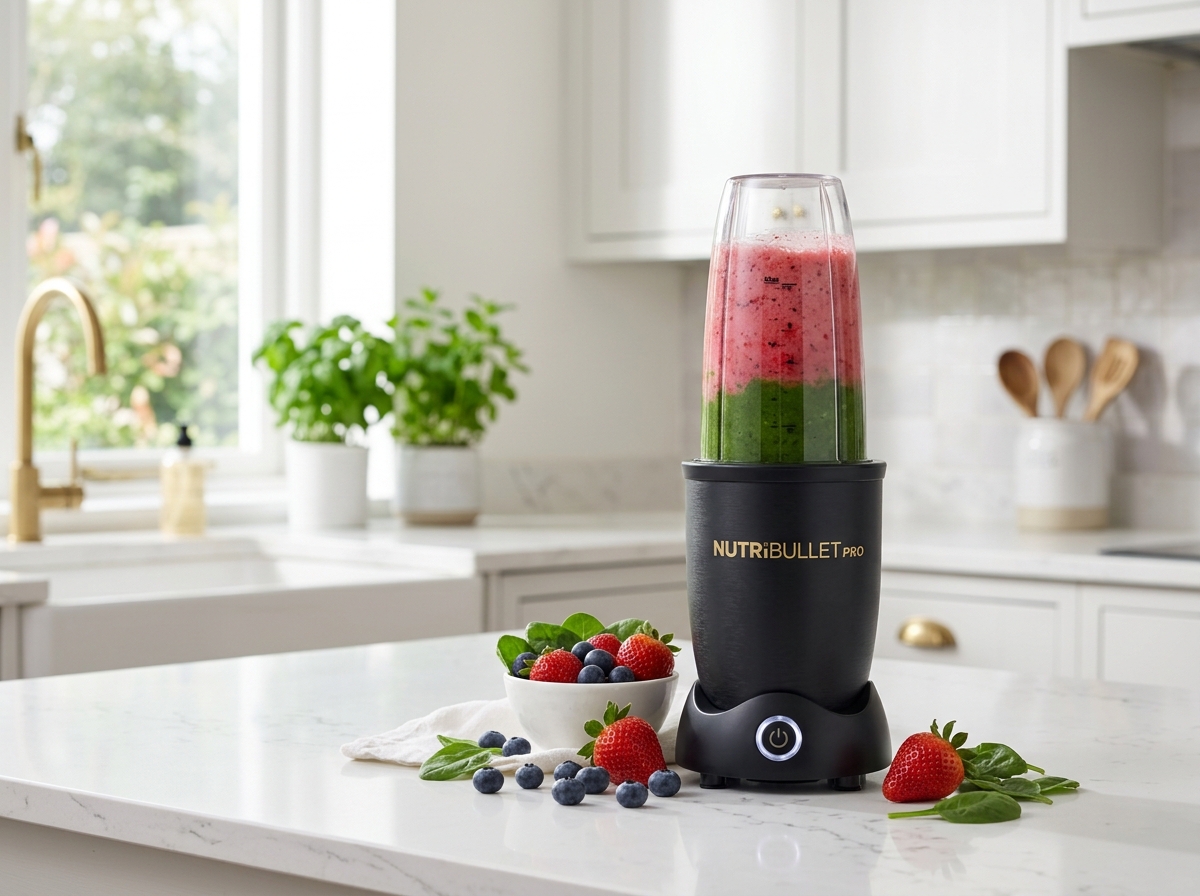NutriBullet Pro 900 personal blender in matte black with layered green and berry smoothie on quartz counter