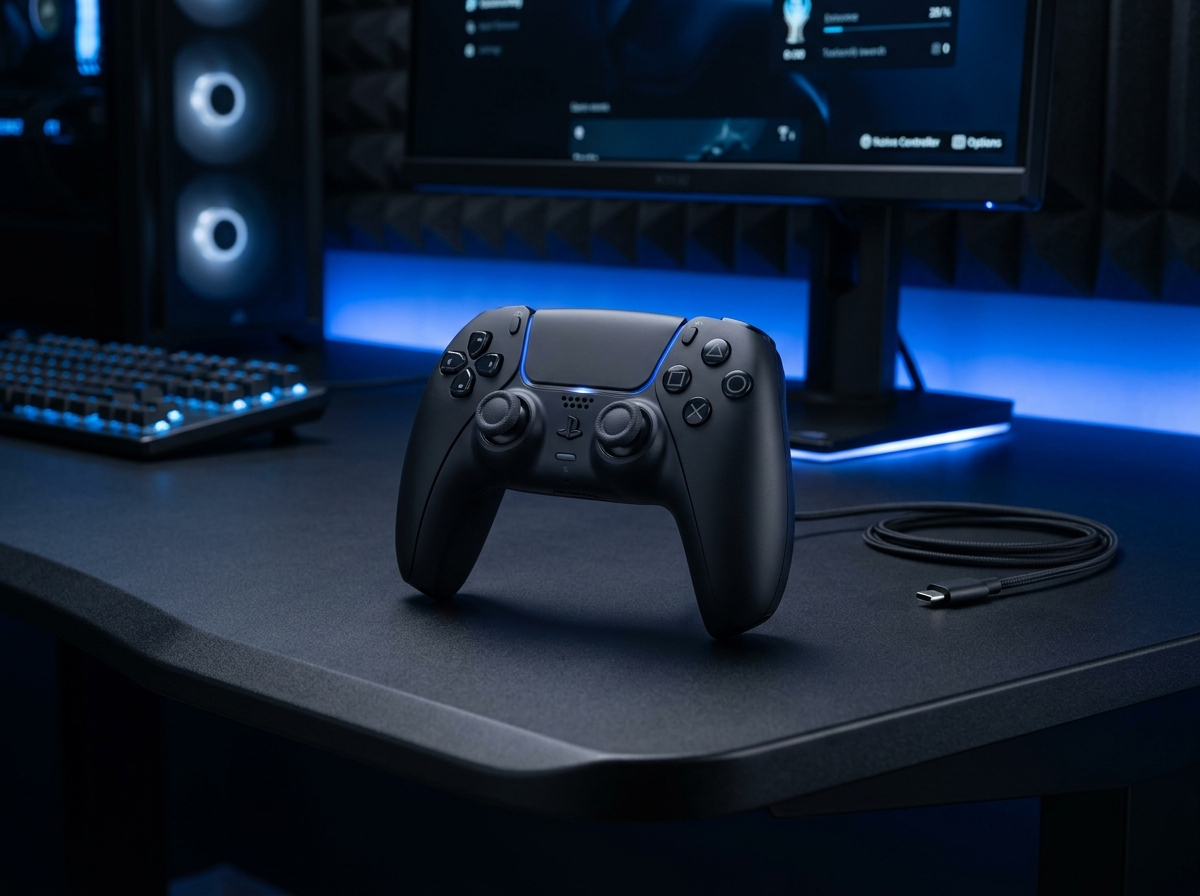 PlayStation DualSense wireless gamepad controller in Midnight Black resting on a dark desk