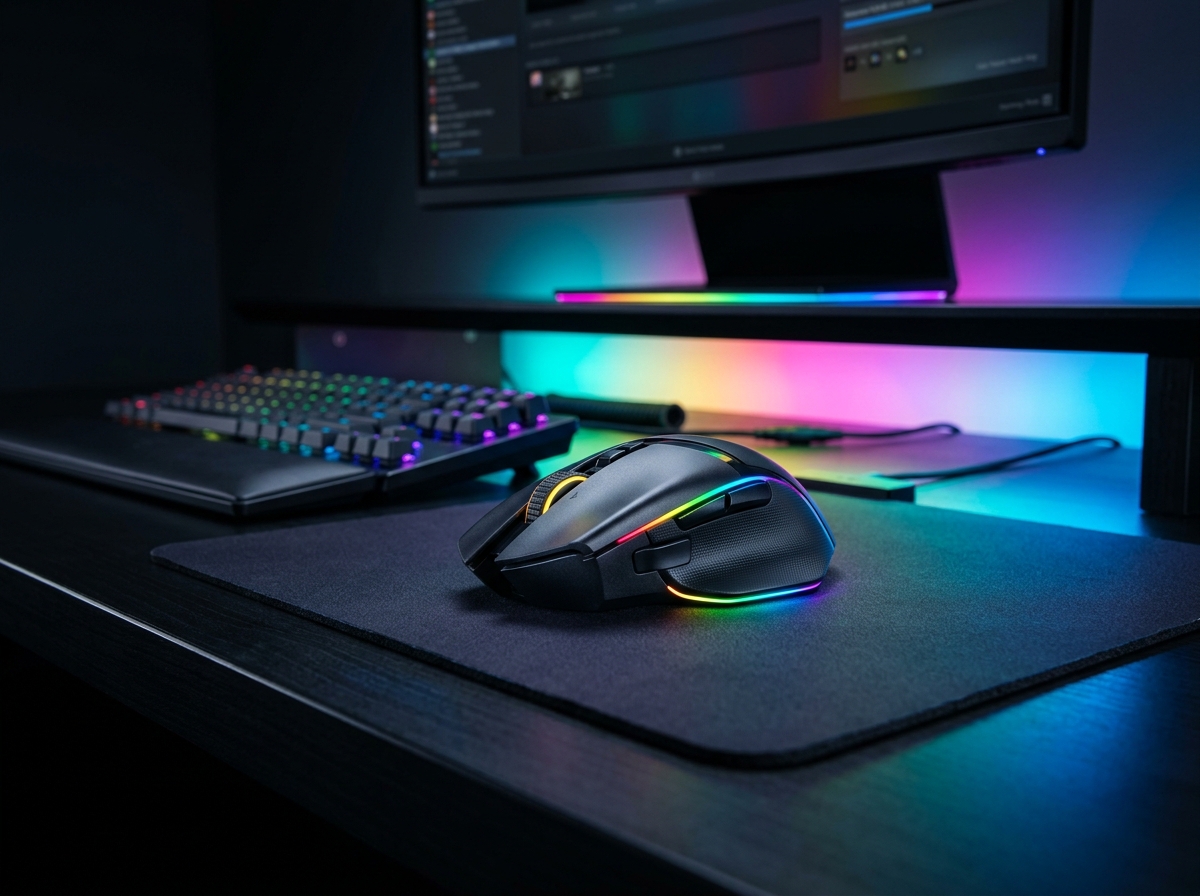Razer Basilisk V3 Pro wireless gaming mouse with RGB underglow on dark desk