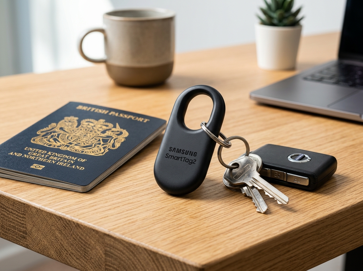 Samsung Galaxy SmartTag2 smart tracker resting on a wooden desk with keys