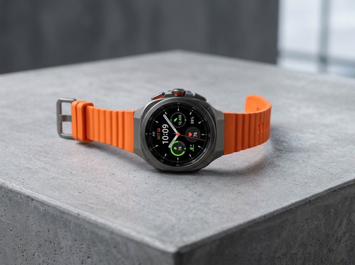 Samsung Galaxy Watch Ultra in Titanium Gray with orange sport strap on a concrete surface
