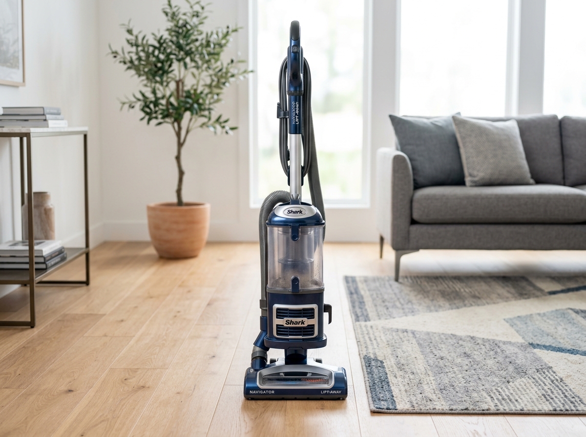 Shark Navigator Lift-Away NV360 upright vacuum cleaner in metallic blue standing in a living room