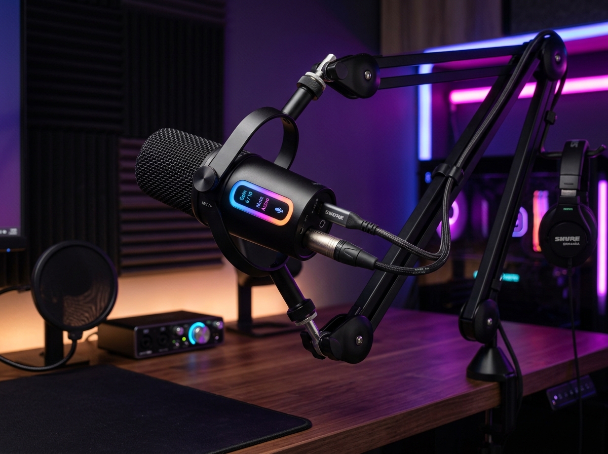 Shure MV7+ dynamic microphone mounted on a boom arm in a modern creator studio