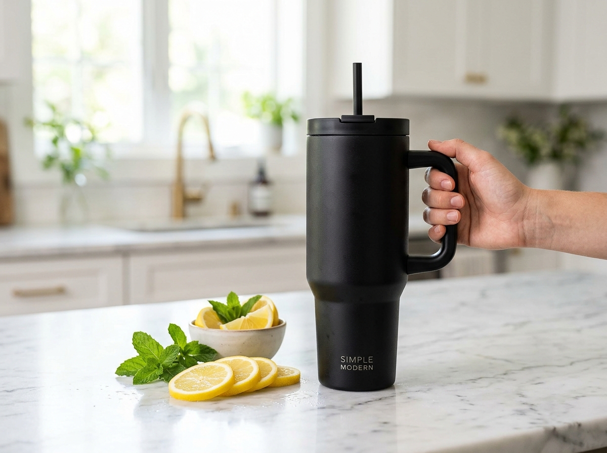 Simple Modern 40 oz Trek tumbler with handle and straw in matte black on white marble kitchen counter