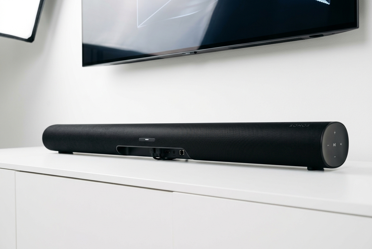 Sonos soundbar placed below large screen television in luxury living room setup