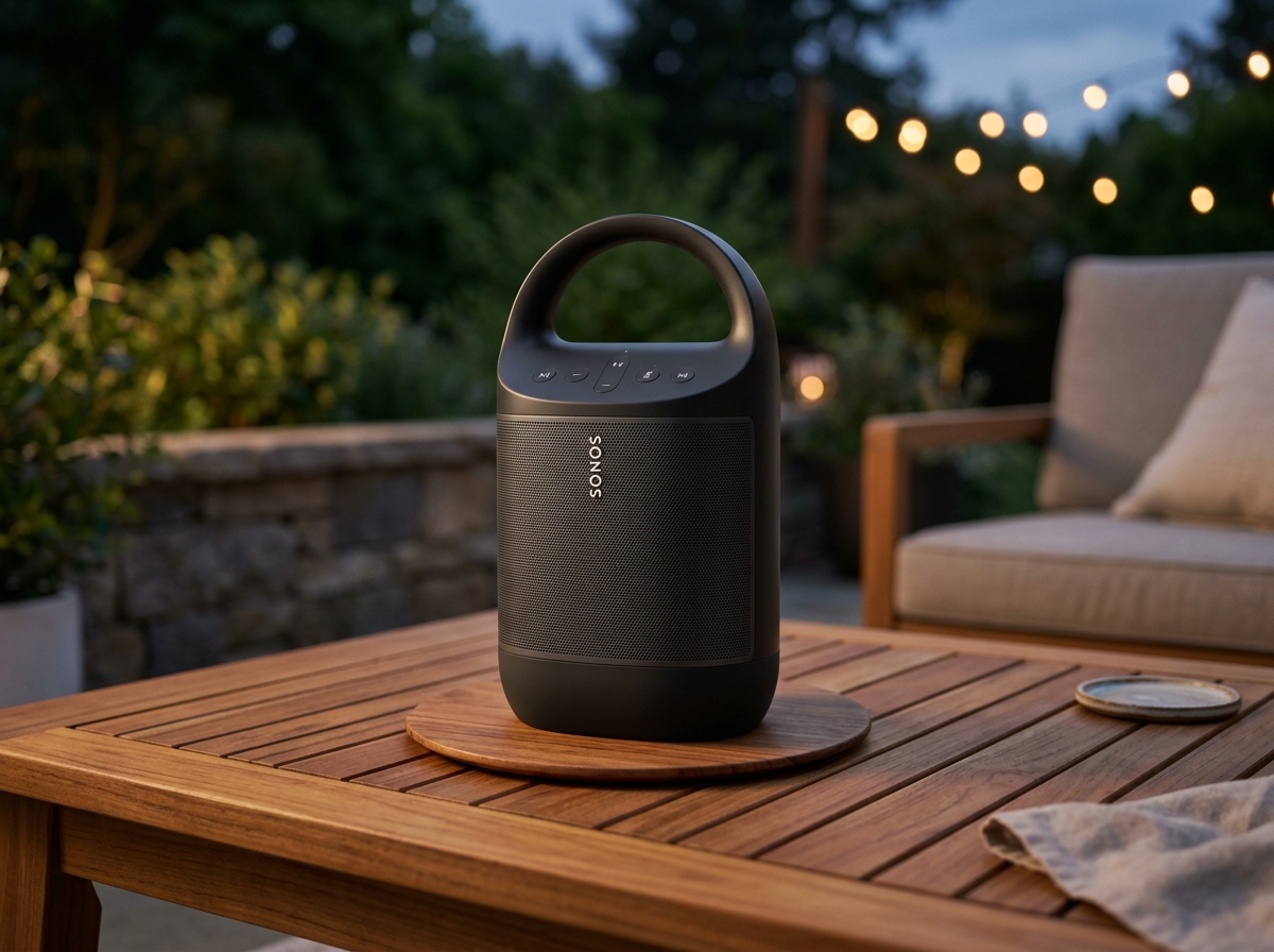Sonos Move 2 portable smart speaker in matte black sitting on a wooden outdoor table
