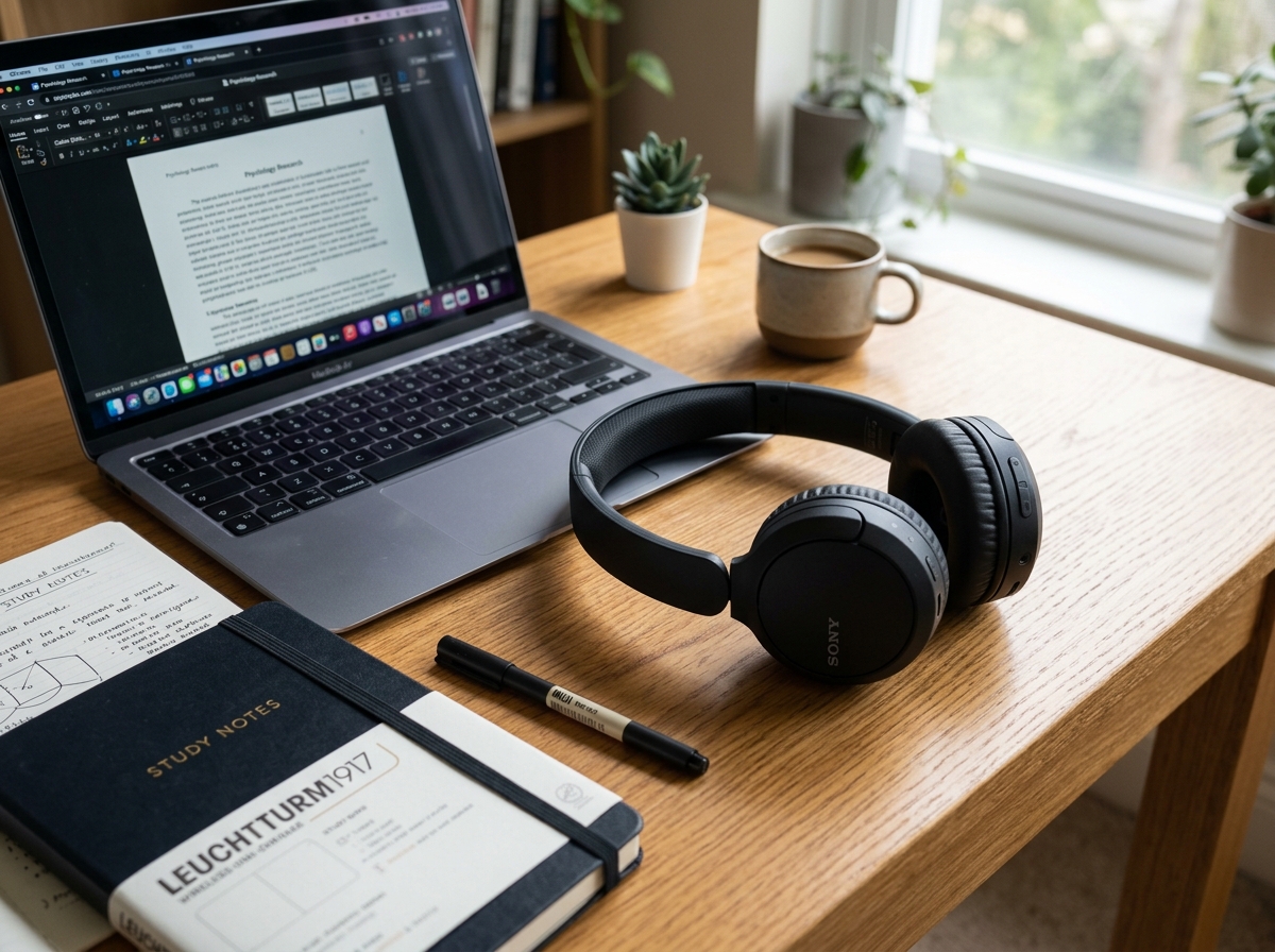 Sony WH-CH520 wireless on-ear headphones resting on a wooden study desk beside laptop and notebook