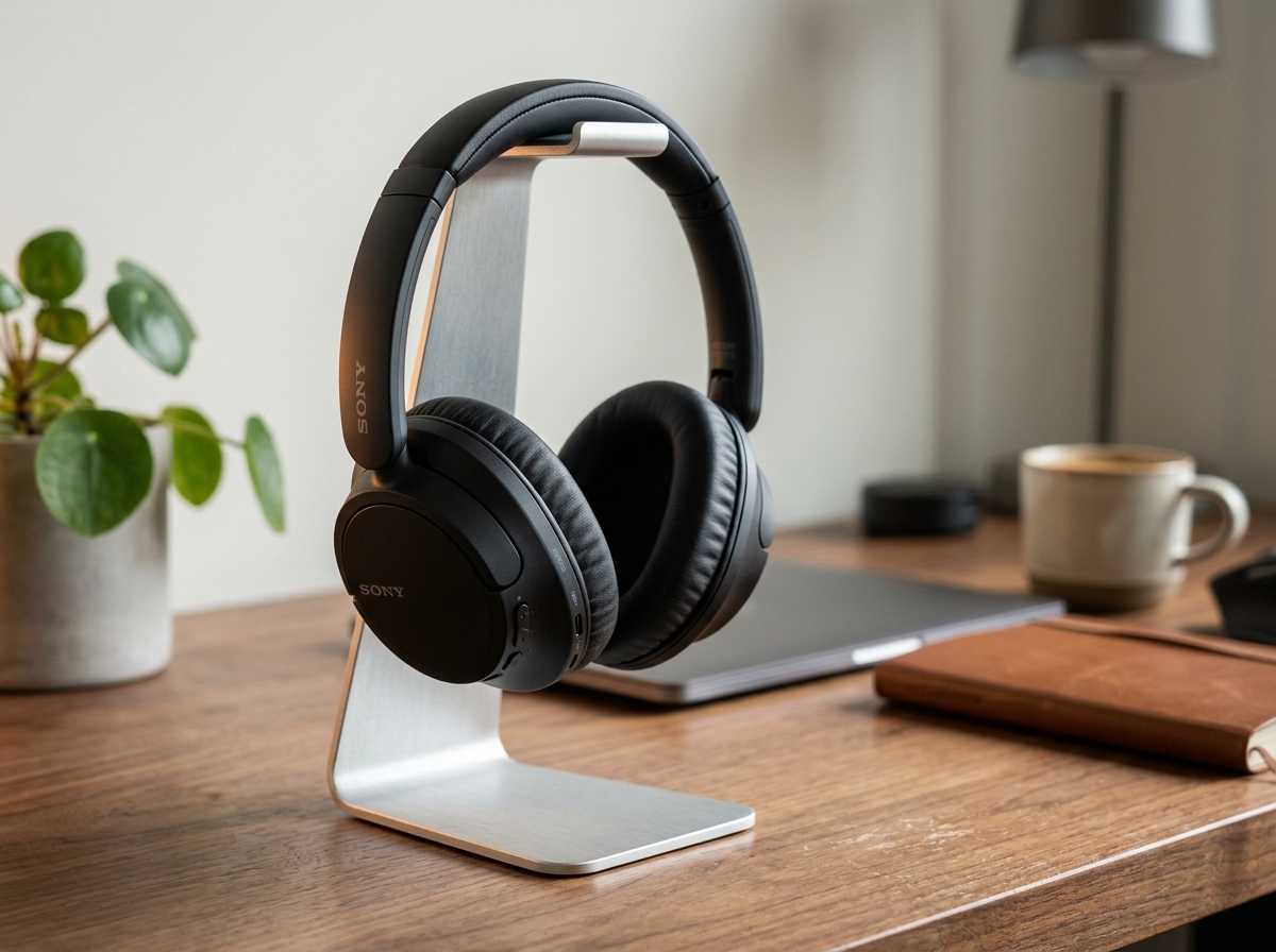 Sony WH-CH720N Wireless Noise Canceling Over-Ear Headphones in matte black on stand