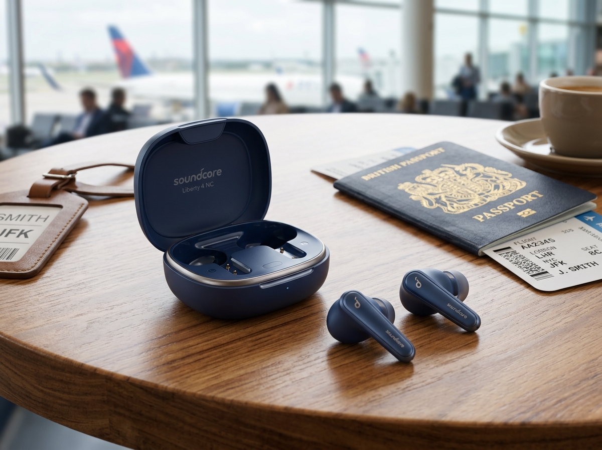 Soundcore Liberty 4 NC wireless earbuds in charging case on an airport lounge table