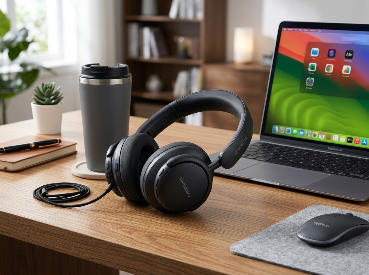 Soundcore Space One active noise cancelling headphones in matte black resting on wooden desk next to coffee and laptop