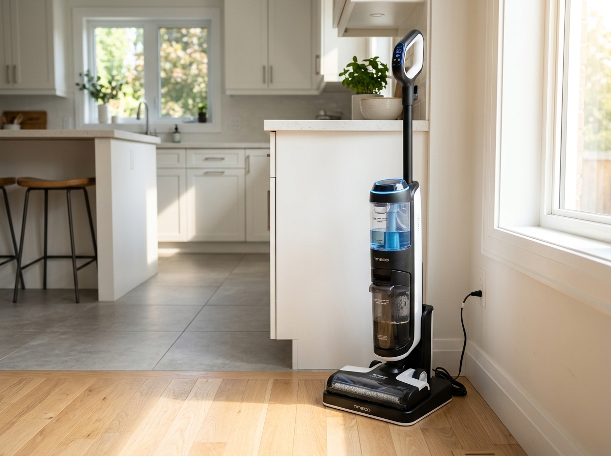 Tineco Floor ONE S5 cordless wet dry vacuum cleaner standing on clean polished hardwood floors