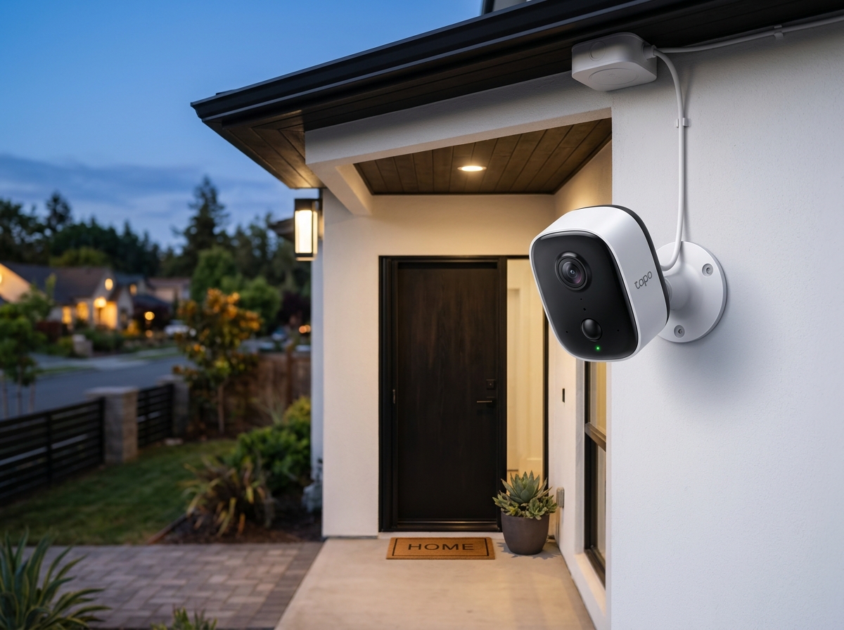 TP-Link Tapo C120 compact wired 2K security camera mounted on outdoor home entryway wall
