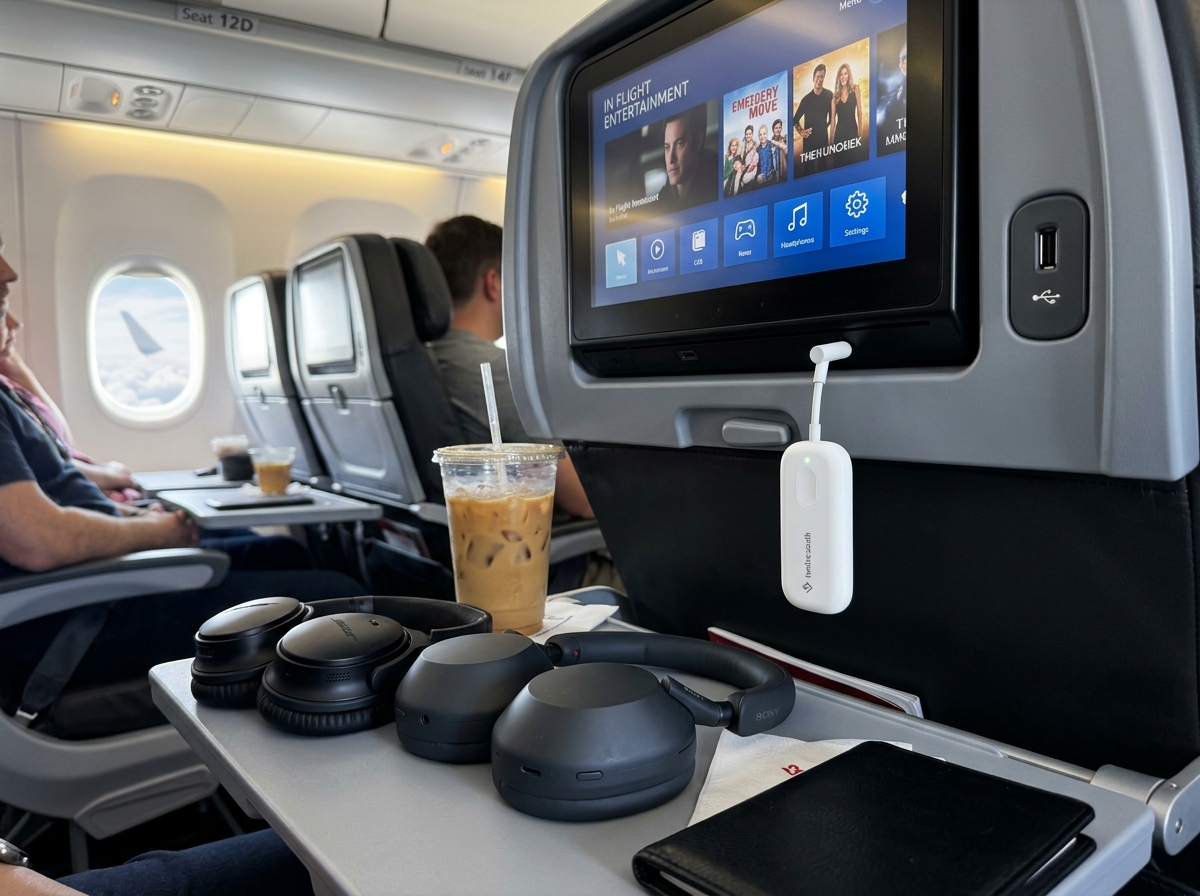 Twelve South AirFly Pro 2 Bluetooth adapter plugged into airplane seatback screen with wireless headphones
