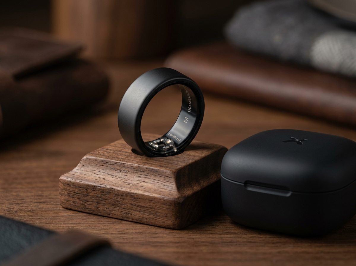 Matte black Ultrahuman Ring Pro smart ring displayed on luxury wooden stand beside its compact wireless charging case