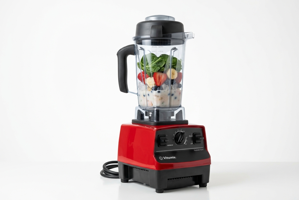 Professional high-powered countertop blender with fresh ingredients